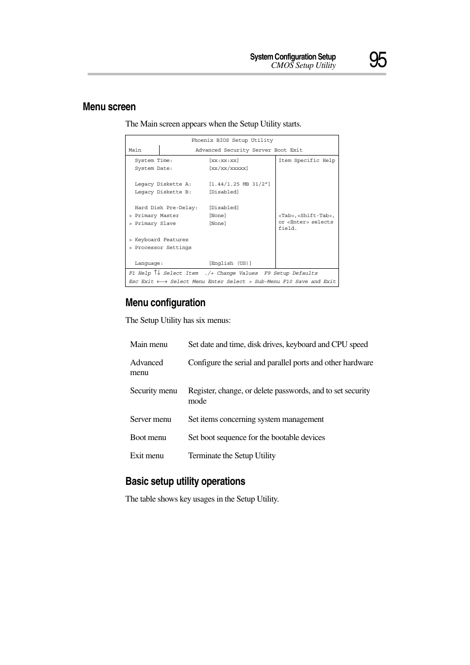 Menu screen, Menu configuration, Basic setup utility operations | Toshiba Magnia 7010 User Manual | Page 111 / 182