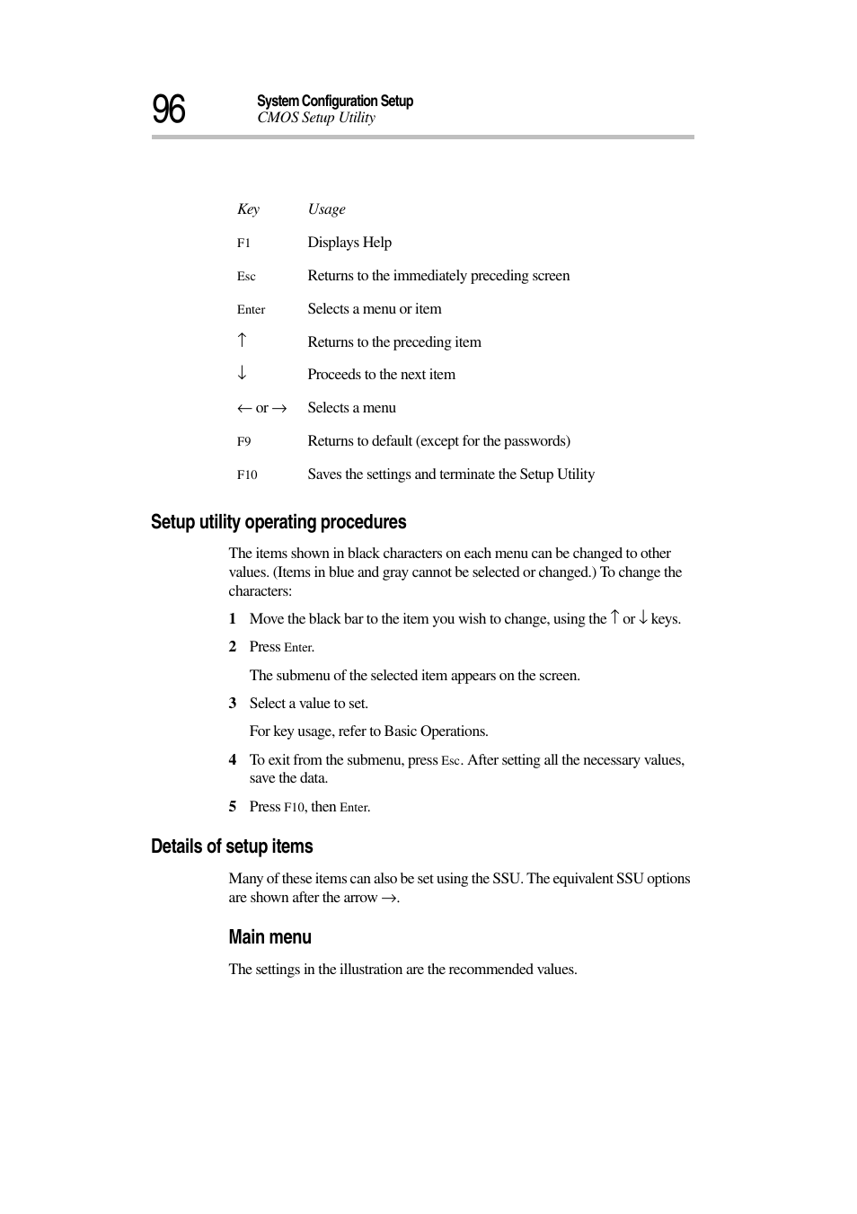 Setup utility operating procedures, Details of setup items, Main menu | Toshiba Magnia 7010 User Manual | Page 112 / 182