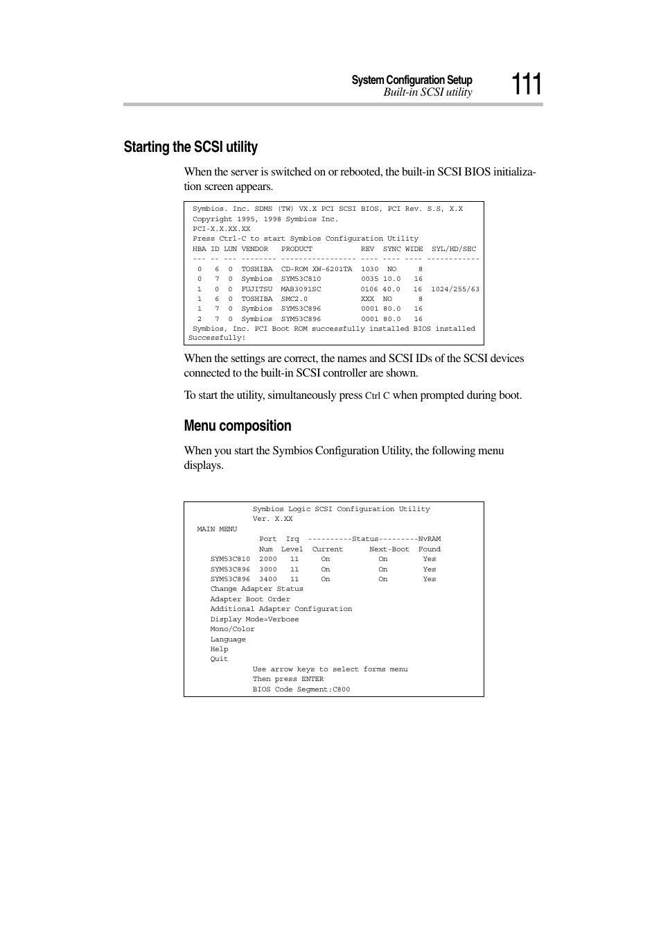 Starting the scsi utility, Menu composition, System configuration setup built-in scsi utility | When prompted during boot | Toshiba Magnia 7010 User Manual | Page 127 / 182