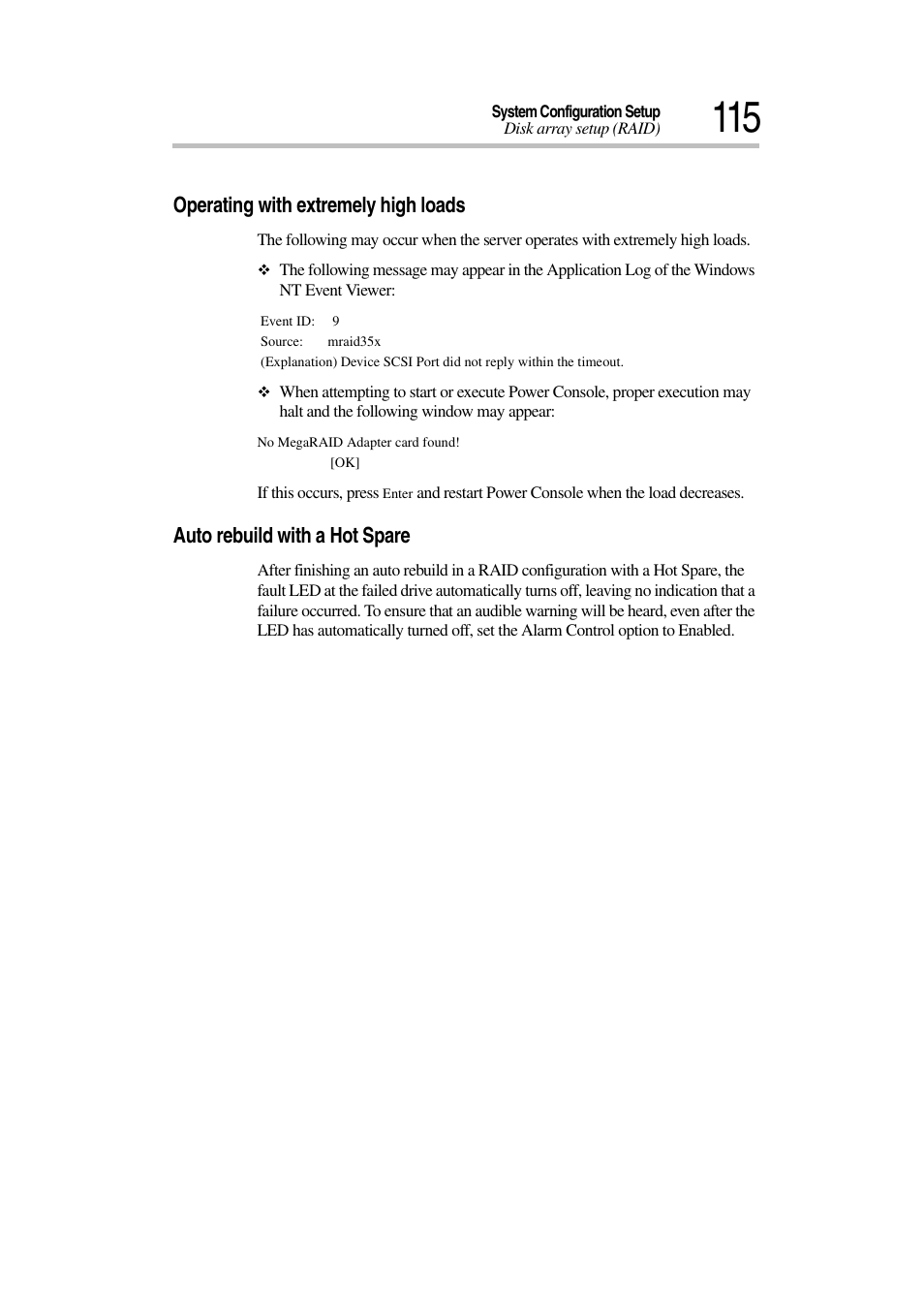 Operating with extremely high loads, Auto rebuild with a hot spare | Toshiba Magnia 7010 User Manual | Page 131 / 182