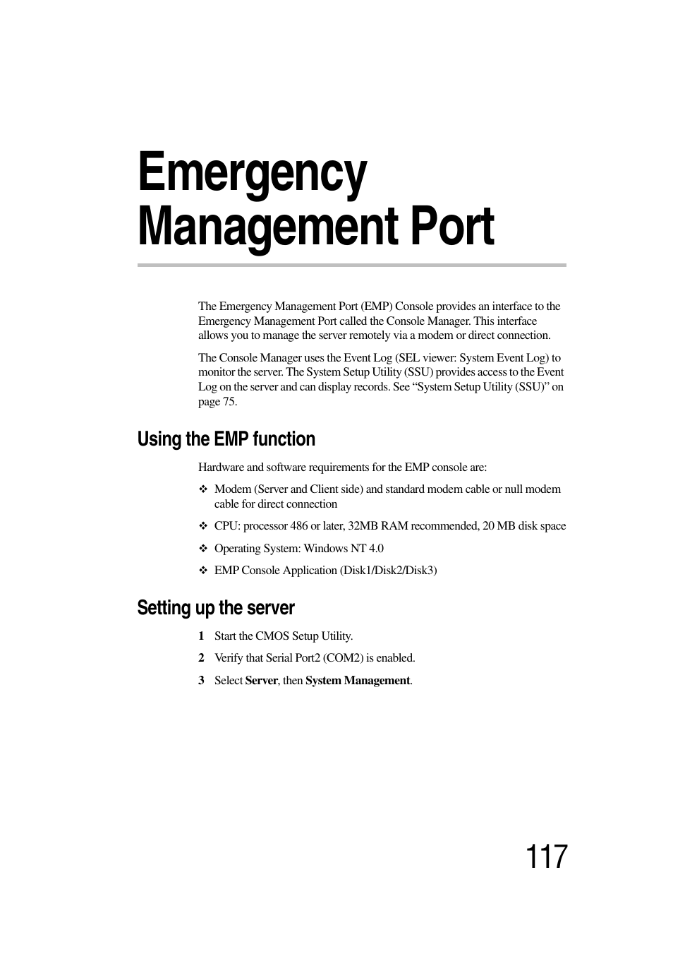 Emergency management port, Using the emp function, Setting up the server | Toshiba Magnia 7010 User Manual | Page 133 / 182