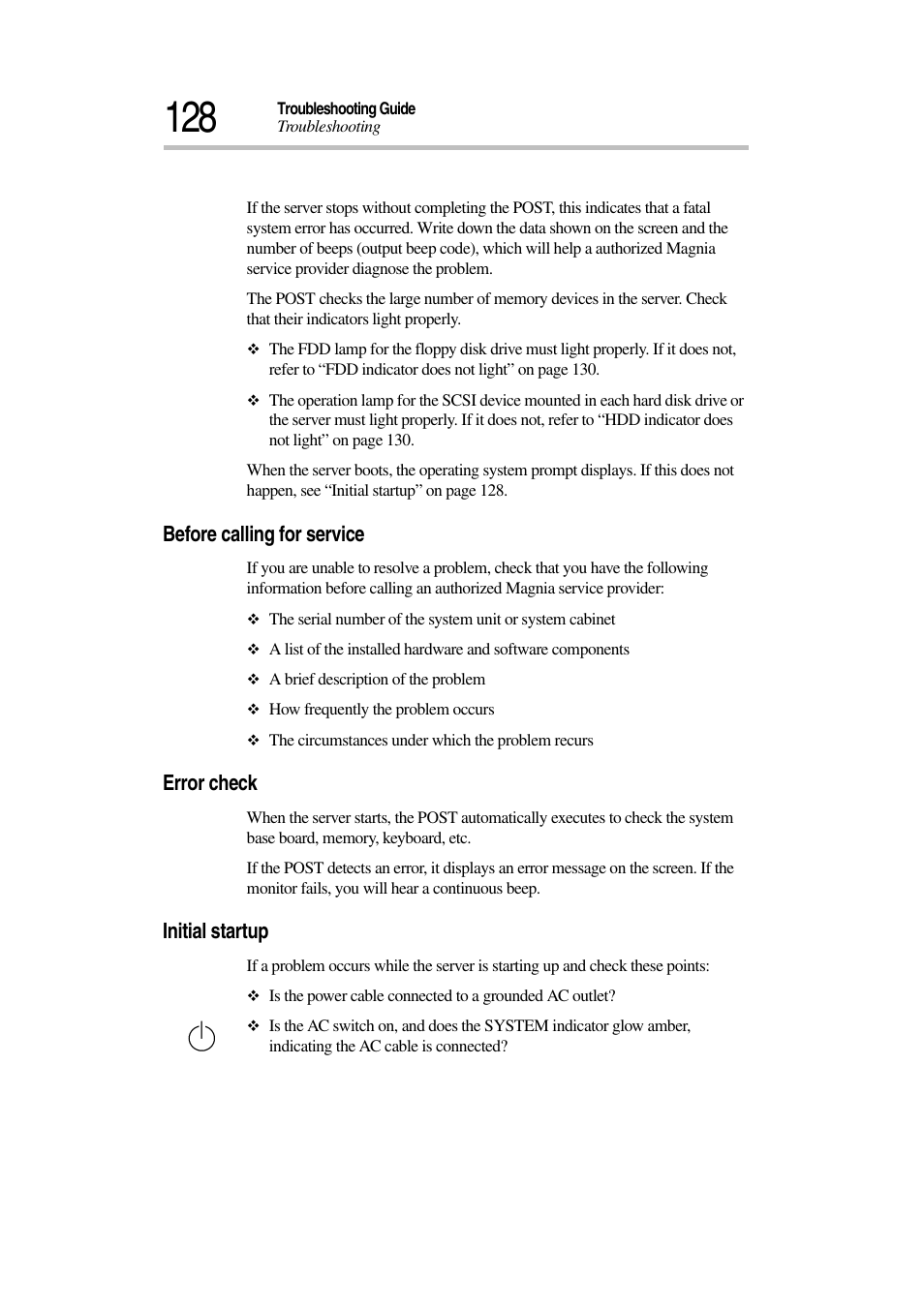 Before calling for service, Error check, Initial startup | Toshiba Magnia 7010 User Manual | Page 144 / 182