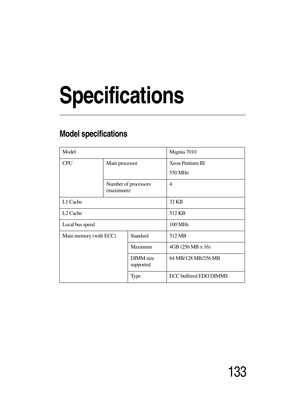 Specifications, Model specifications | Toshiba Magnia 7010 User Manual | Page 149 / 182