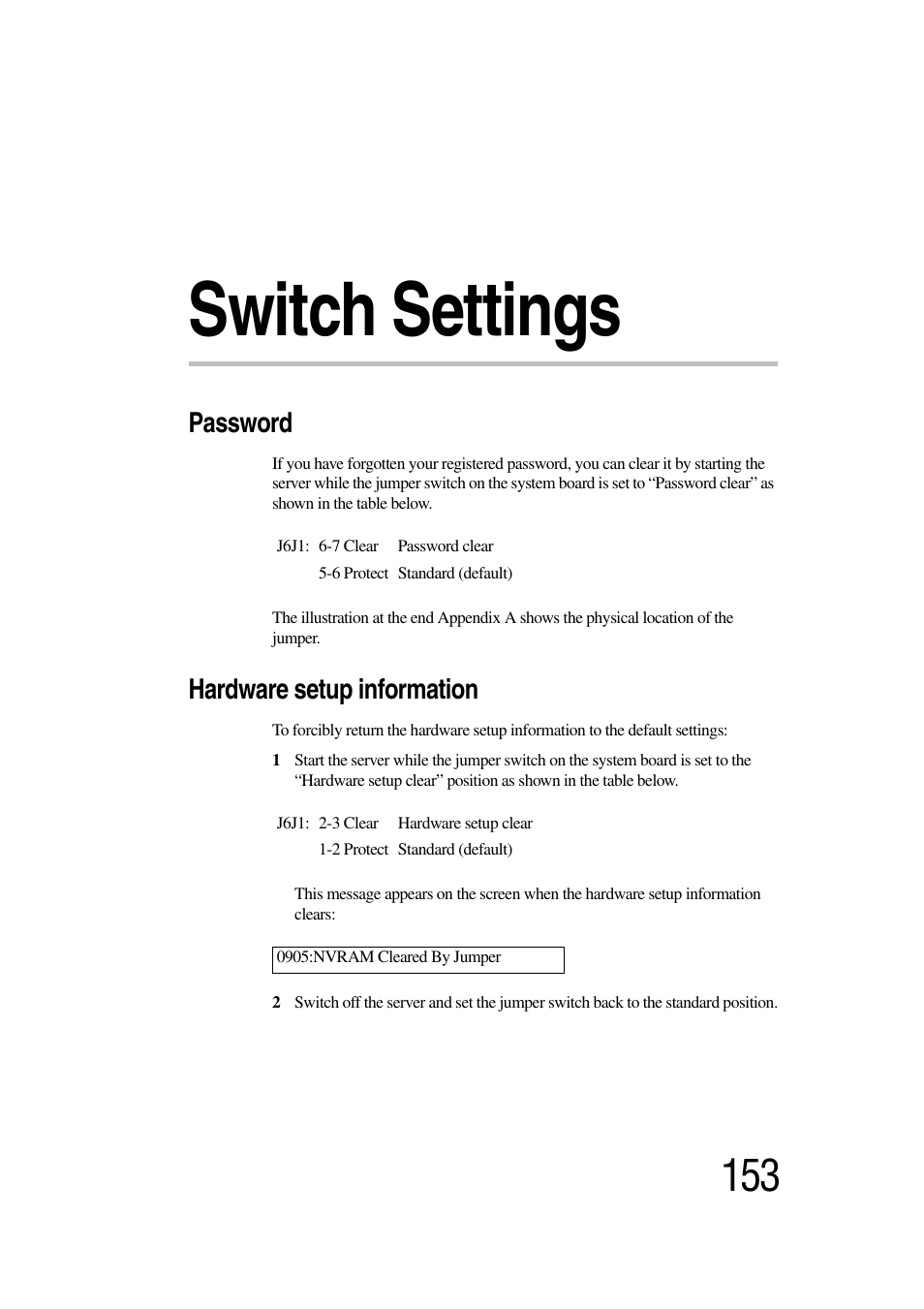 Switch settings, Password, Hardware setup information | Toshiba Magnia 7010 User Manual | Page 169 / 182