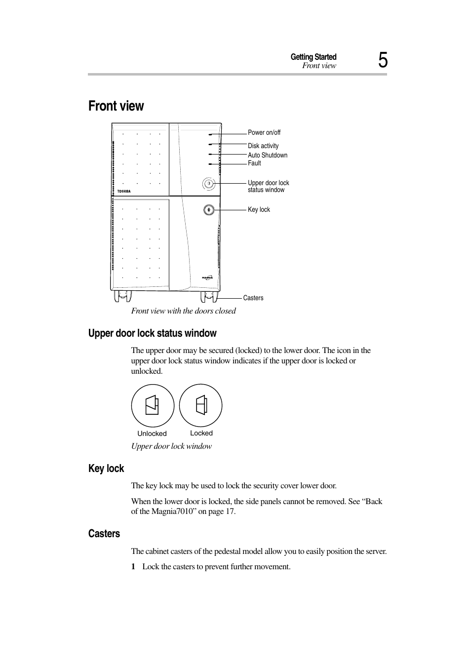 Front view, Upper door lock status window, Key lock | Casters | Toshiba Magnia 7010 User Manual | Page 21 / 182