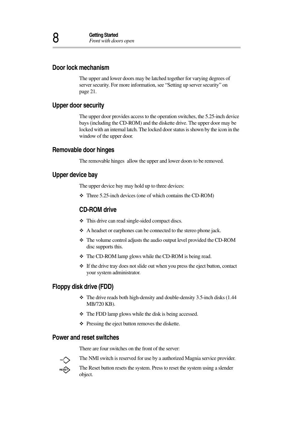 Door lock mechanism, Upper door security, Removable door hinges | Upper device bay, Cd-rom drive, Floppy disk drive (fdd), Power and reset switches | Toshiba Magnia 7010 User Manual | Page 24 / 182