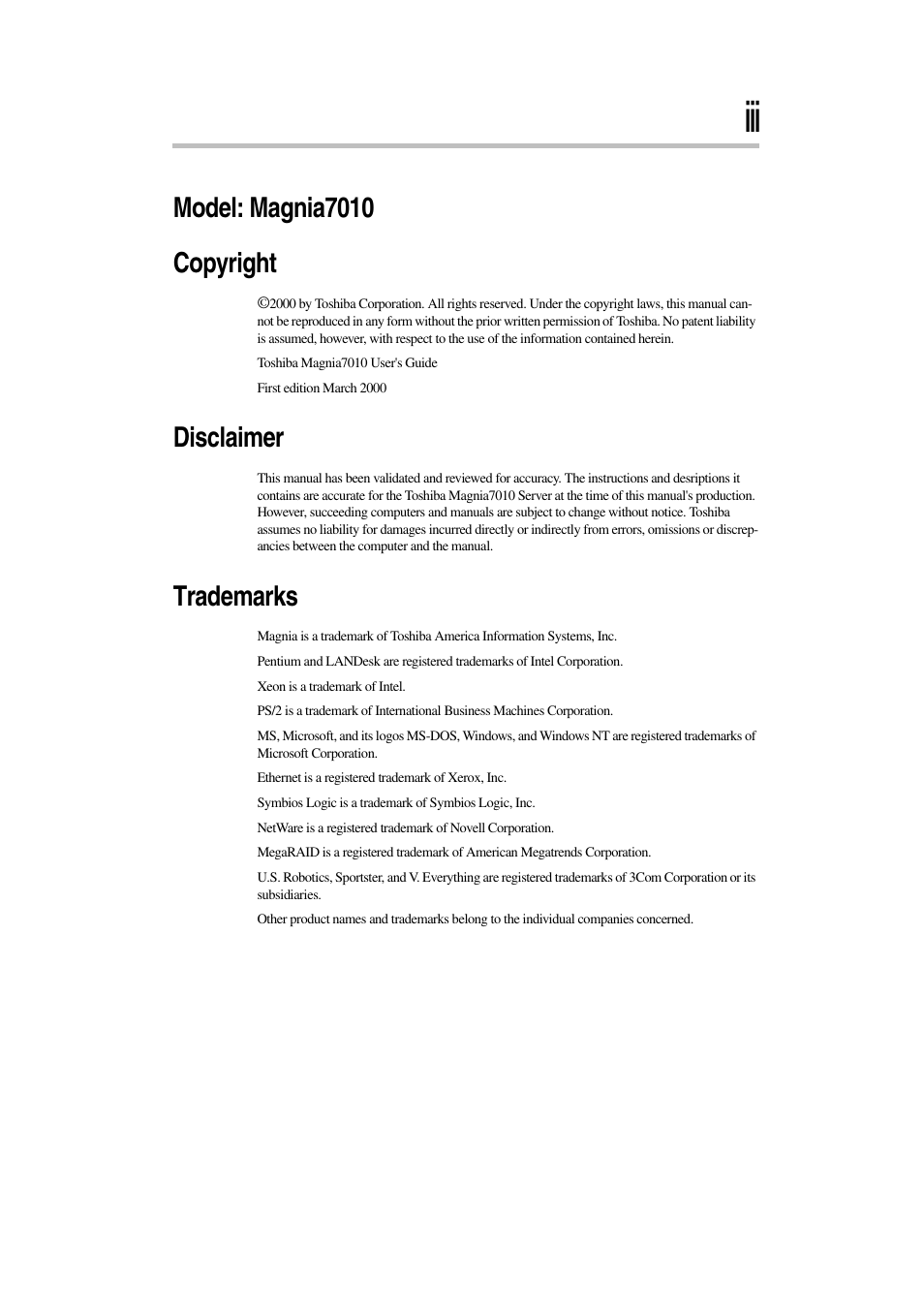 Model: magnia7010 copyright, Disclaimer, Trademarks | Toshiba Magnia 7010 User Manual | Page 3 / 182