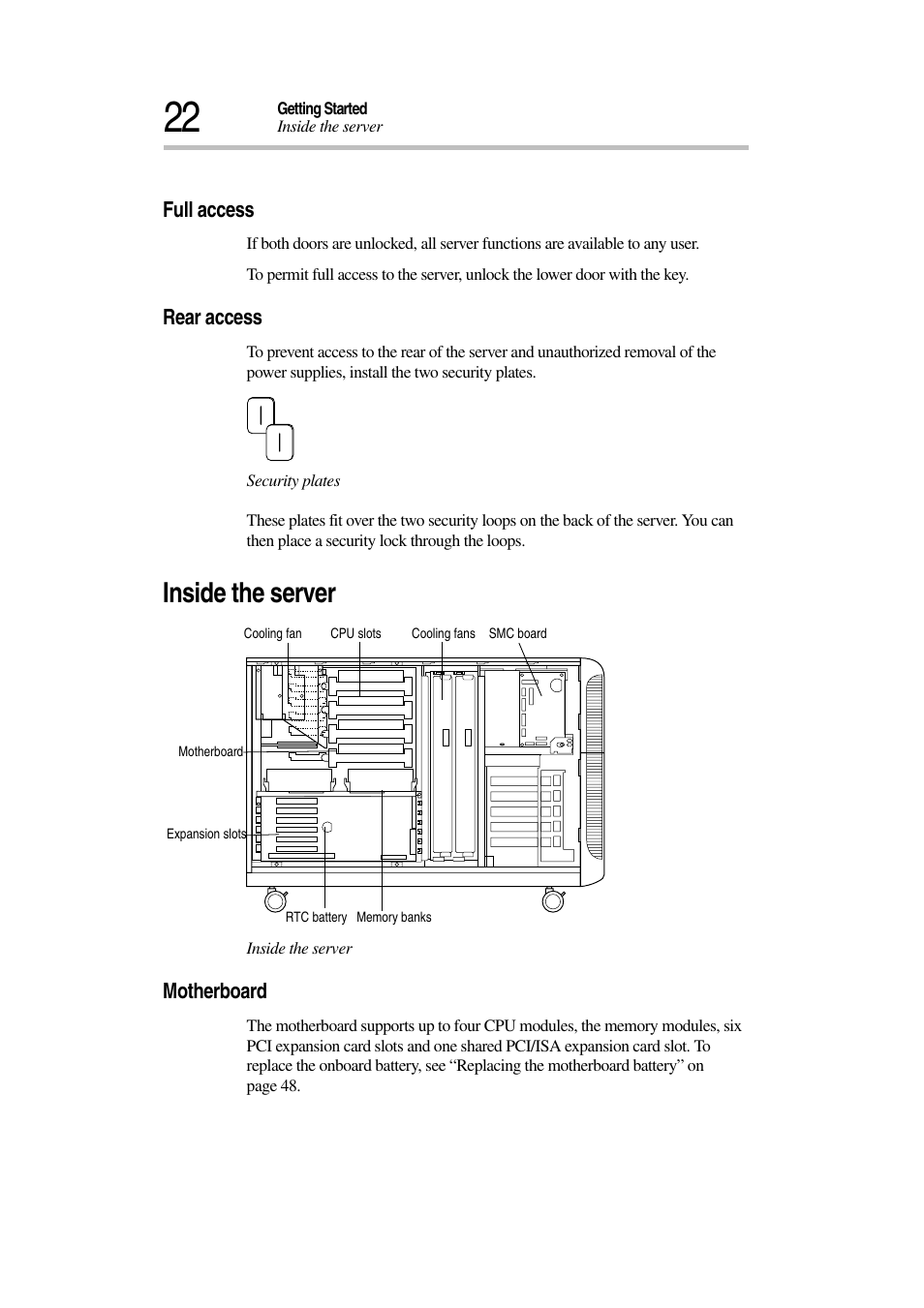Inside the server, Full access, Rear access | Motherboard | Toshiba Magnia 7010 User Manual | Page 38 / 182
