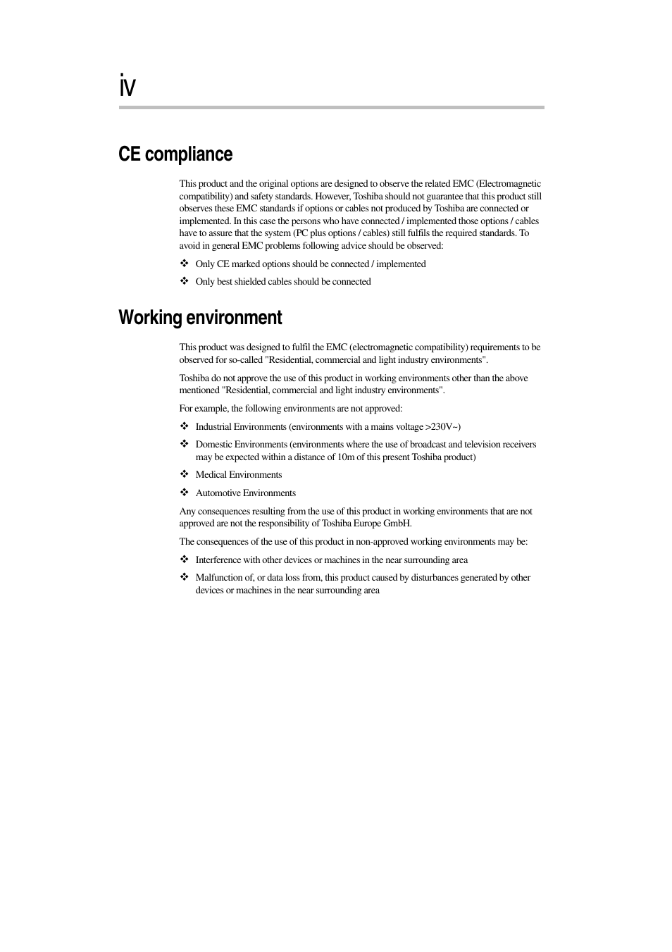 Ce compliance, Working environment | Toshiba Magnia 7010 User Manual | Page 4 / 182