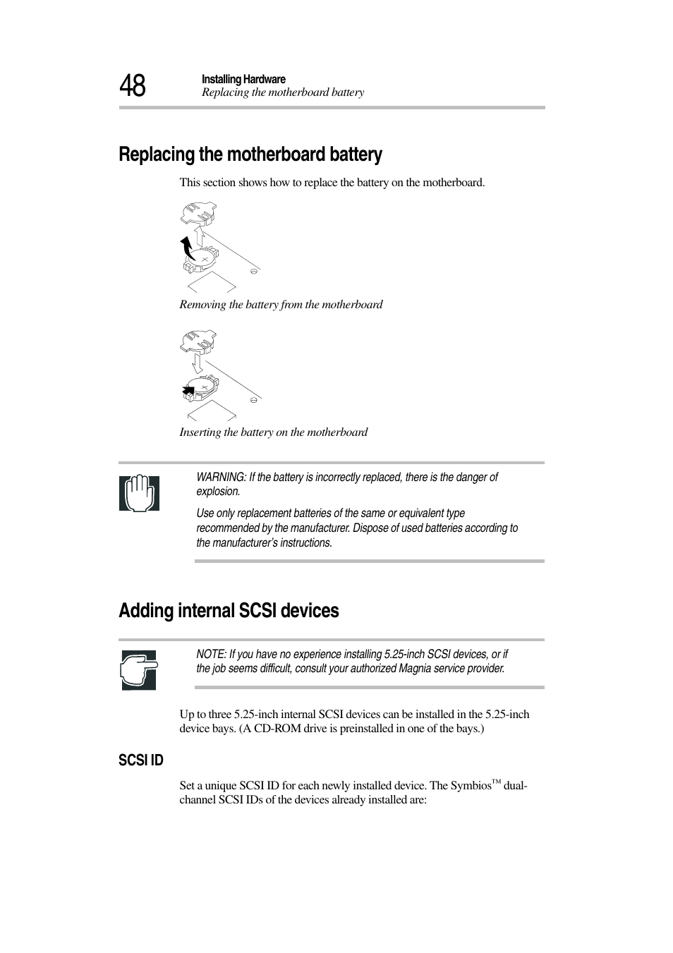 Replacing the motherboard battery, Adding internal scsi devices | Toshiba Magnia 7010 User Manual | Page 64 / 182