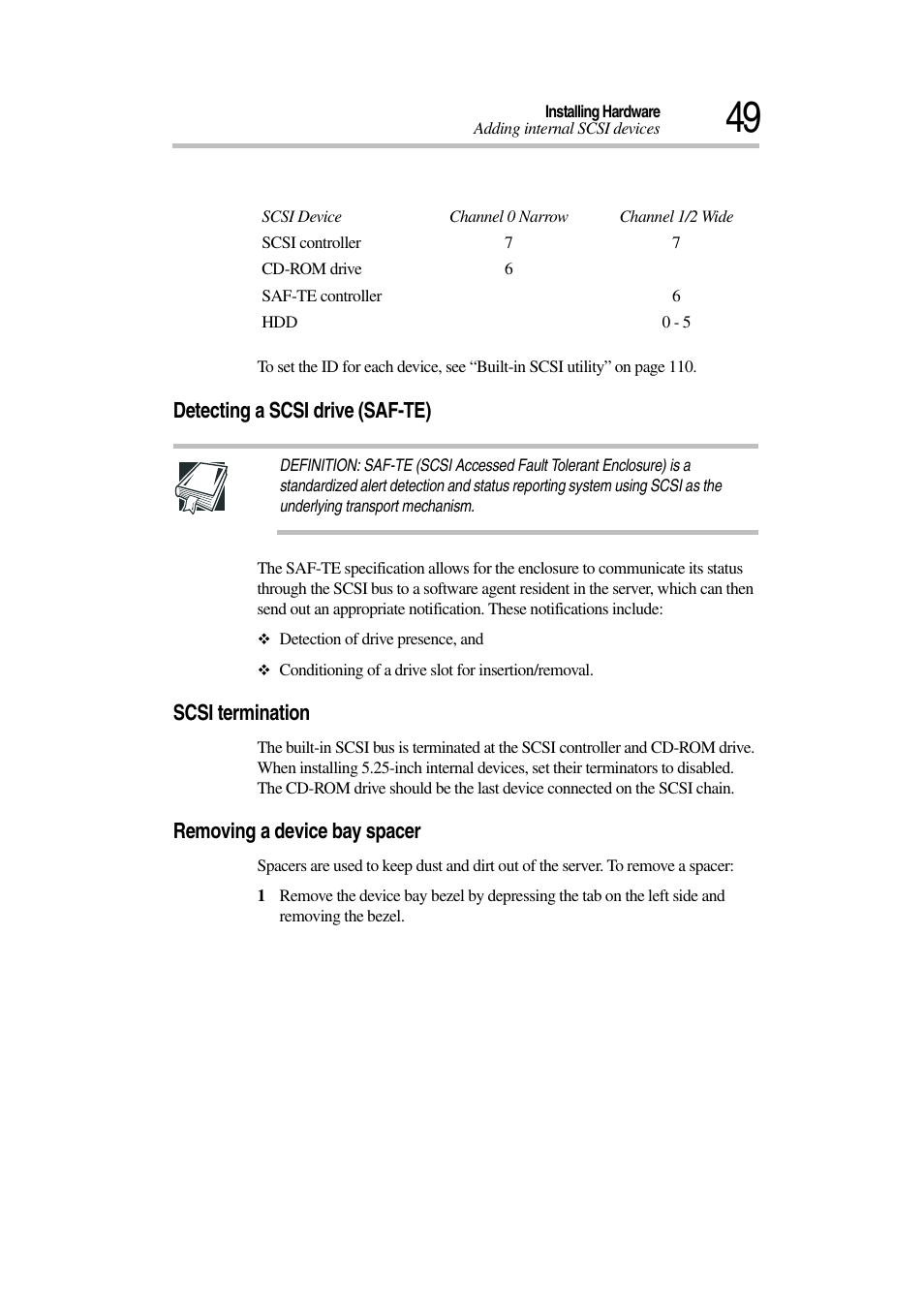 Detecting a scsi drive (saf-te), Scsi termination, Removing a device bay spacer | Toshiba Magnia 7010 User Manual | Page 65 / 182