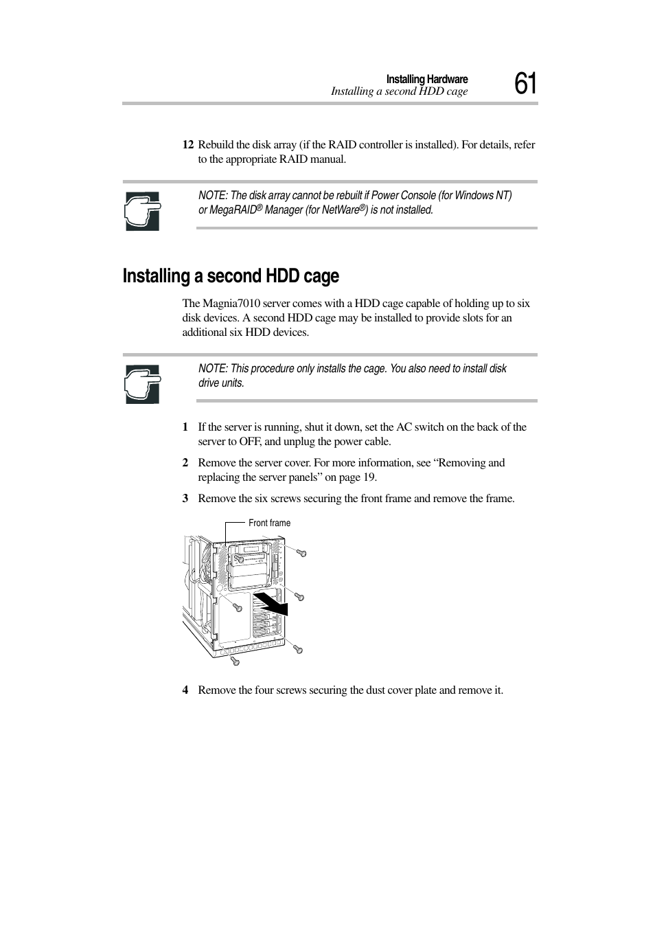 Installing a second hdd cage | Toshiba Magnia 7010 User Manual | Page 77 / 182
