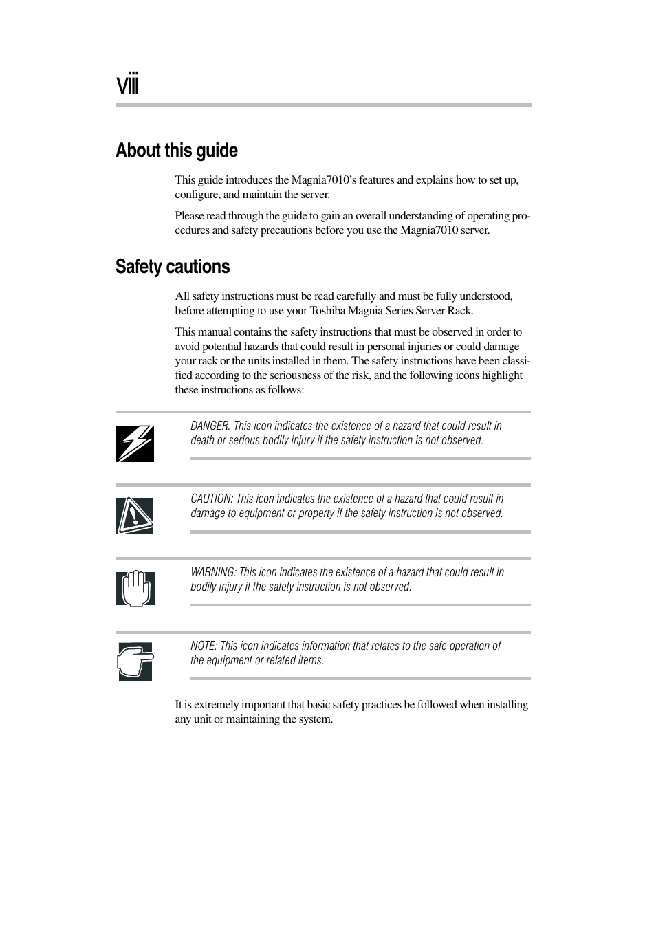 Viii, About this guide, Safety cautions | Toshiba Magnia 7010 User Manual | Page 8 / 182