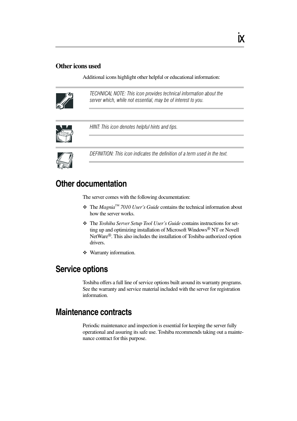 Other documentation, Service options, Maintenance contracts | Toshiba Magnia 7010 User Manual | Page 9 / 182
