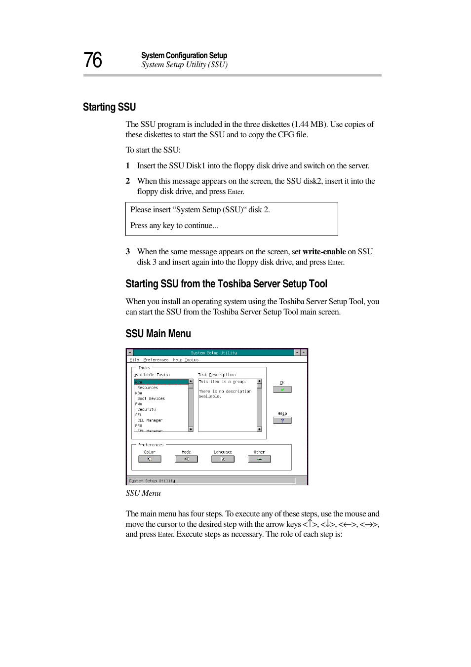 Starting ssu, Starting ssu from the toshiba server setup tool, Ssu main menu | Toshiba Magnia 7010 User Manual | Page 92 / 182
