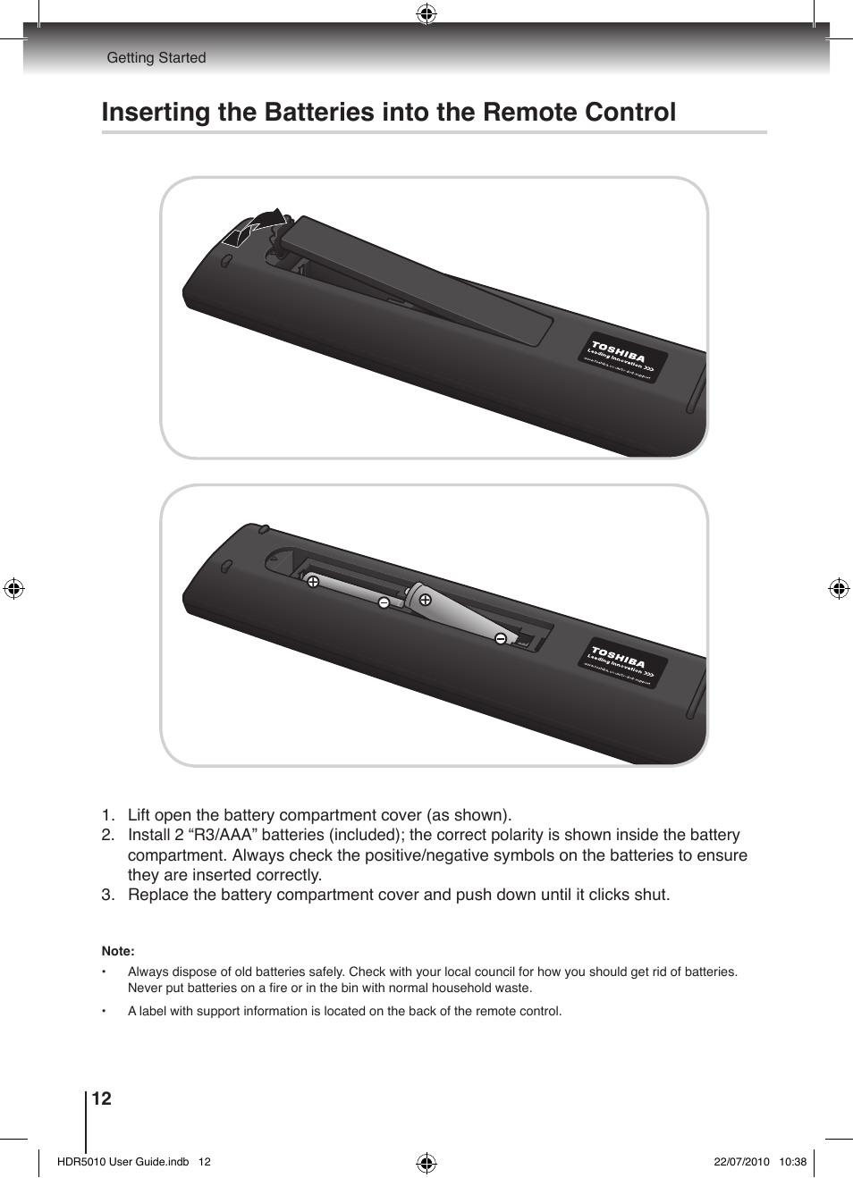 Inserting the batteries into the remote control | Toshiba HDR5010 User Manual | Page 12 / 48