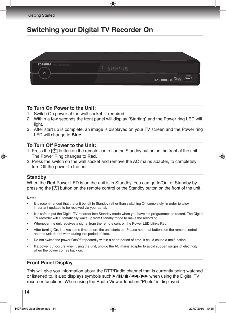 Switching your digital tv recorder on | Toshiba HDR5010 User Manual | Page 14 / 48