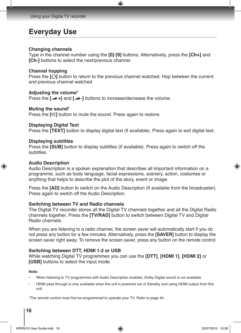 Everyday use | Toshiba HDR5010 User Manual | Page 16 / 48
