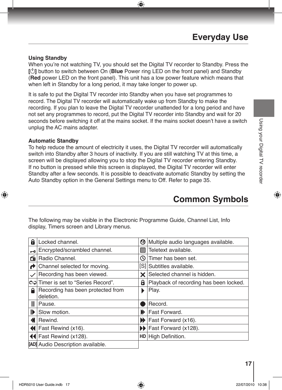 Everyday use, Common symbols | Toshiba HDR5010 User Manual | Page 17 / 48