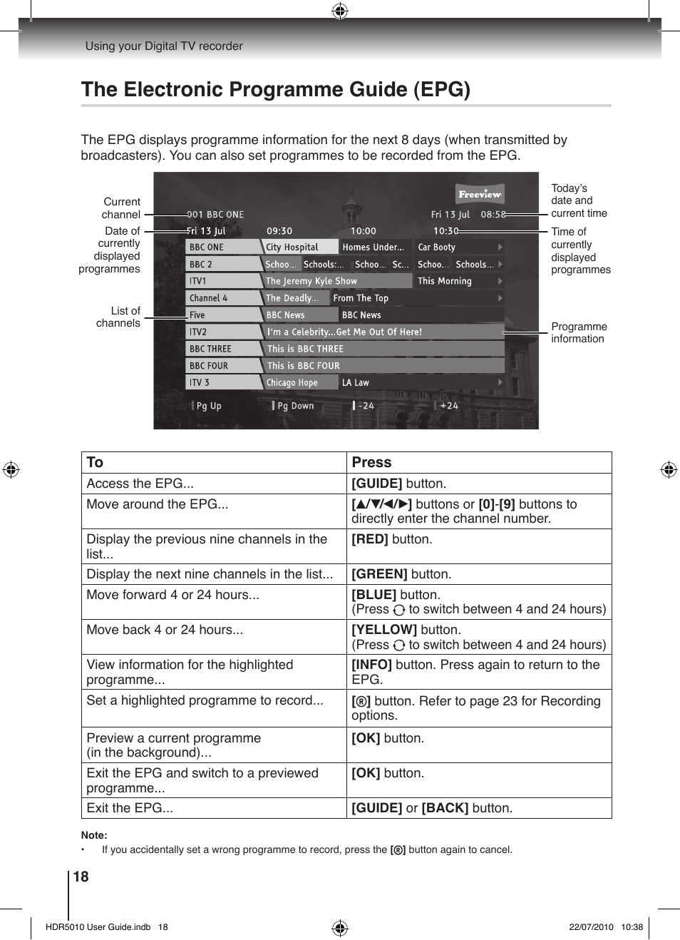 The electronic programme guide (epg) | Toshiba HDR5010 User Manual | Page 18 / 48