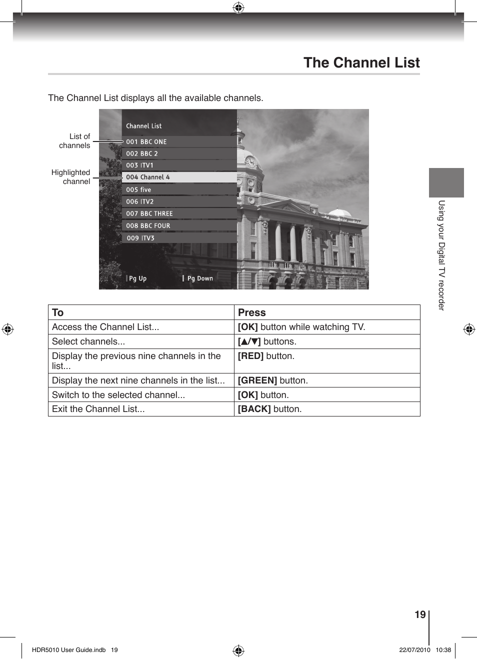 The channel list | Toshiba HDR5010 User Manual | Page 19 / 48