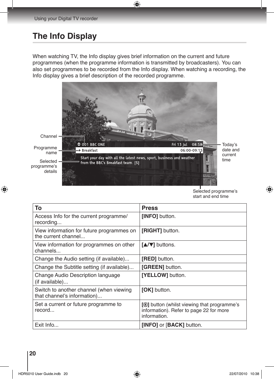 The info display | Toshiba HDR5010 User Manual | Page 20 / 48