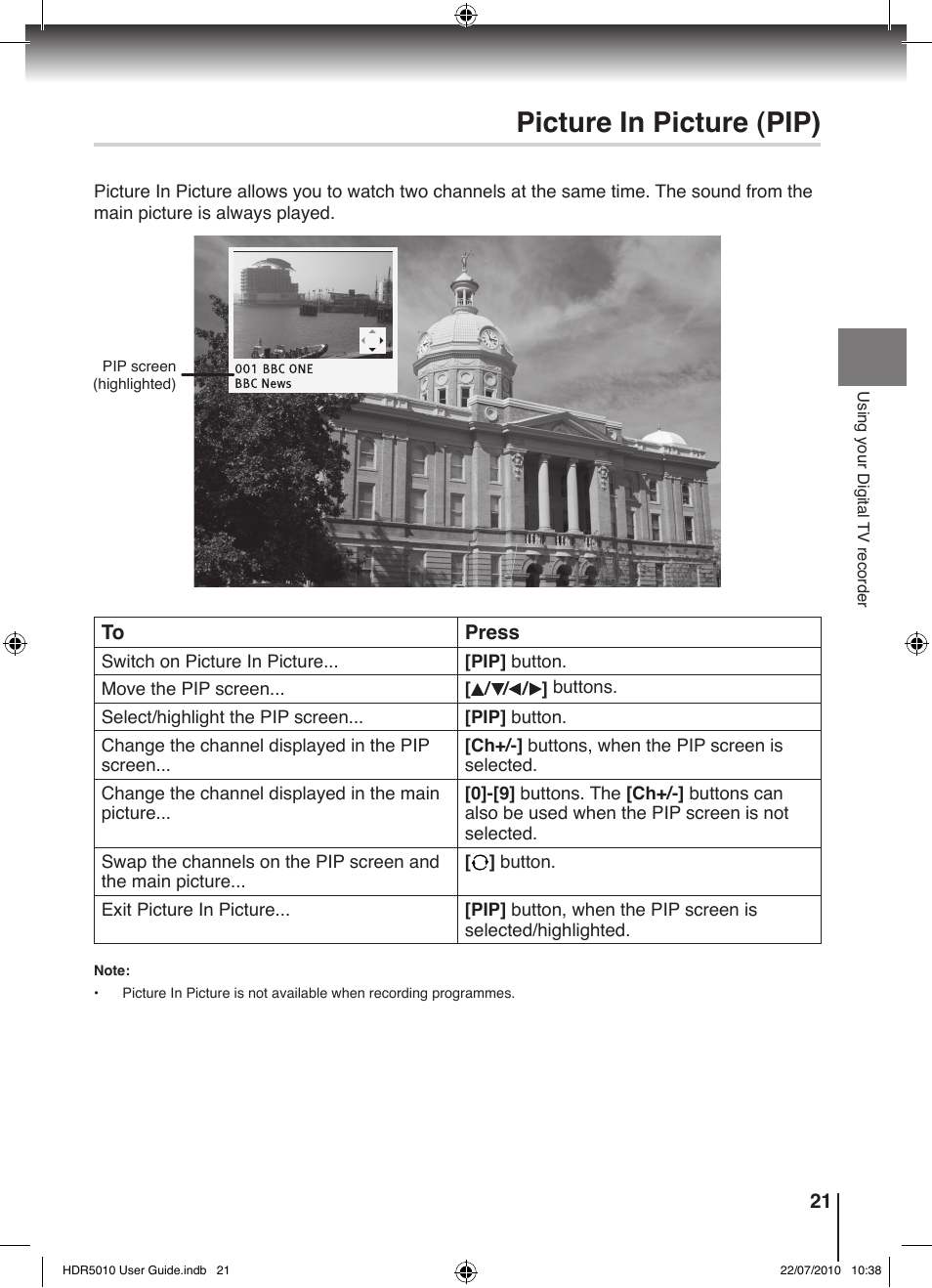 Picture in picture (pip) | Toshiba HDR5010 User Manual | Page 21 / 48