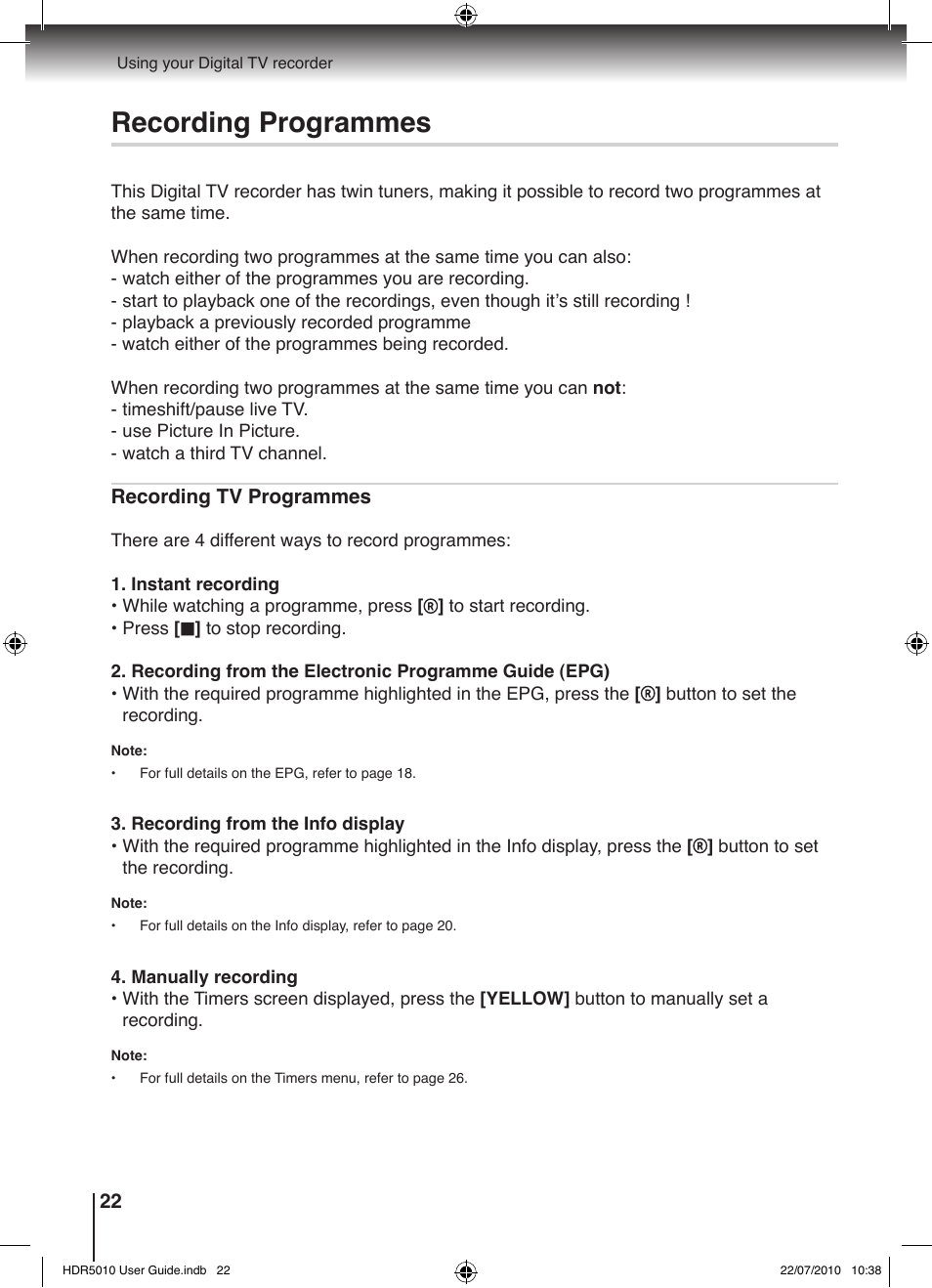 Recording programmes | Toshiba HDR5010 User Manual | Page 22 / 48