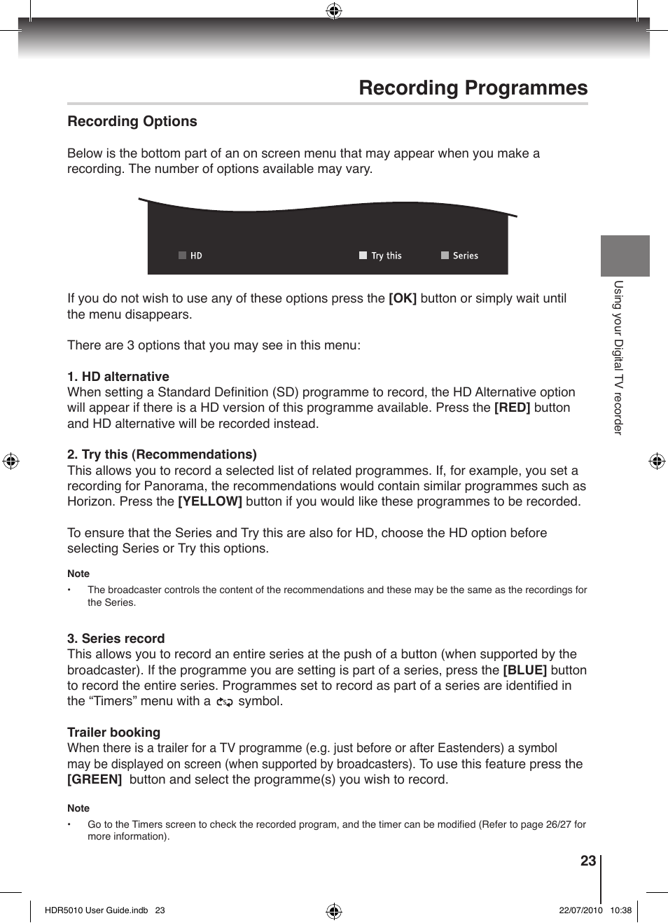 Recording programmes | Toshiba HDR5010 User Manual | Page 23 / 48