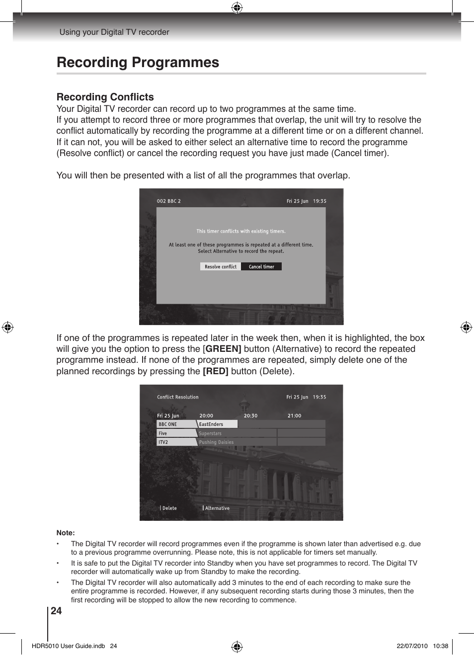 Recording programmes | Toshiba HDR5010 User Manual | Page 24 / 48