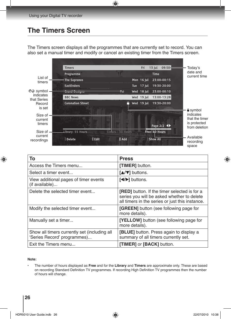 The timers screen | Toshiba HDR5010 User Manual | Page 26 / 48