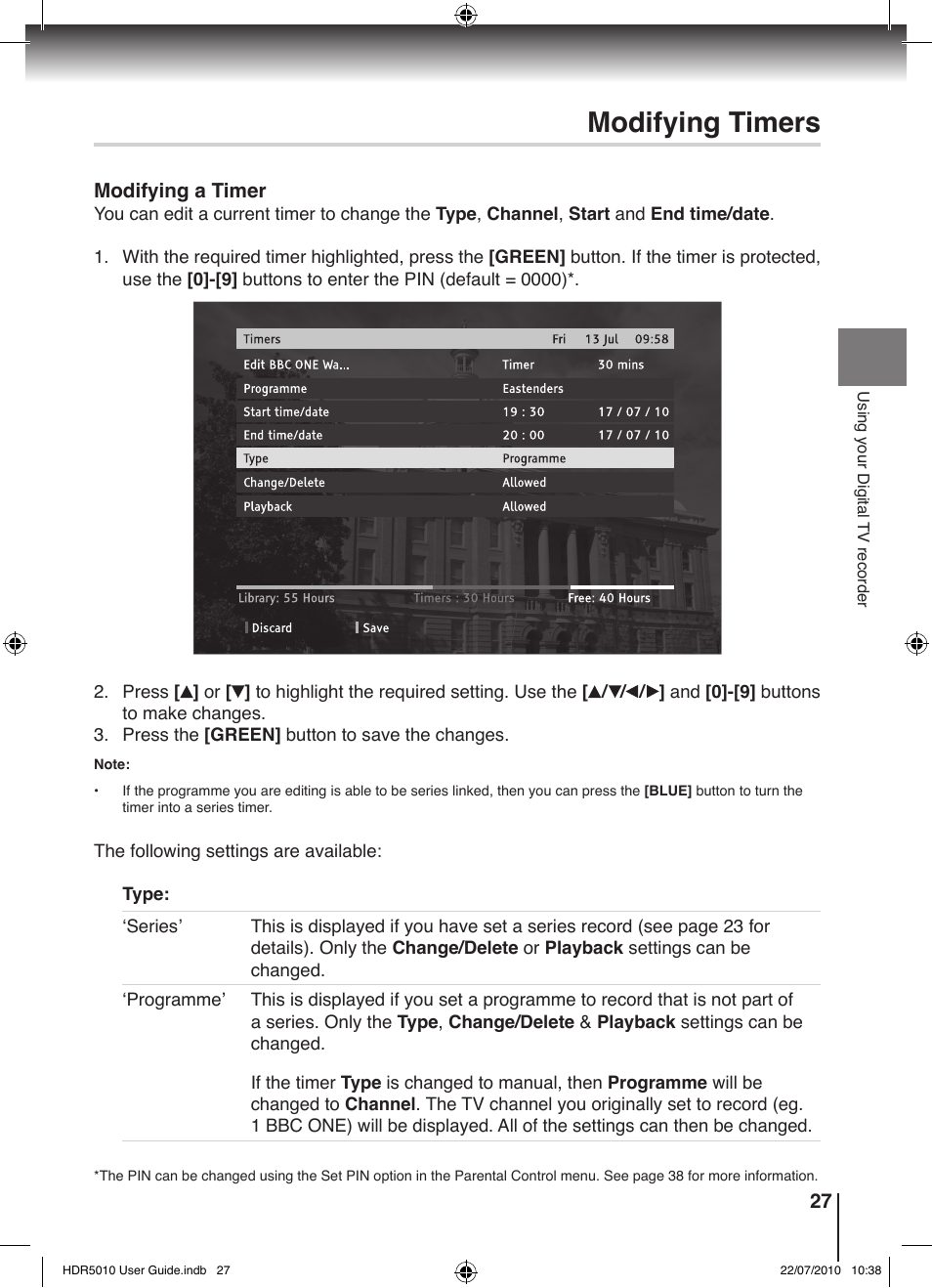 Modifying timers | Toshiba HDR5010 User Manual | Page 27 / 48