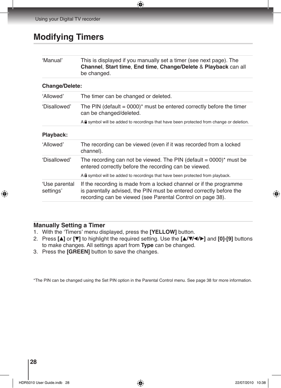 Modifying timers | Toshiba HDR5010 User Manual | Page 28 / 48