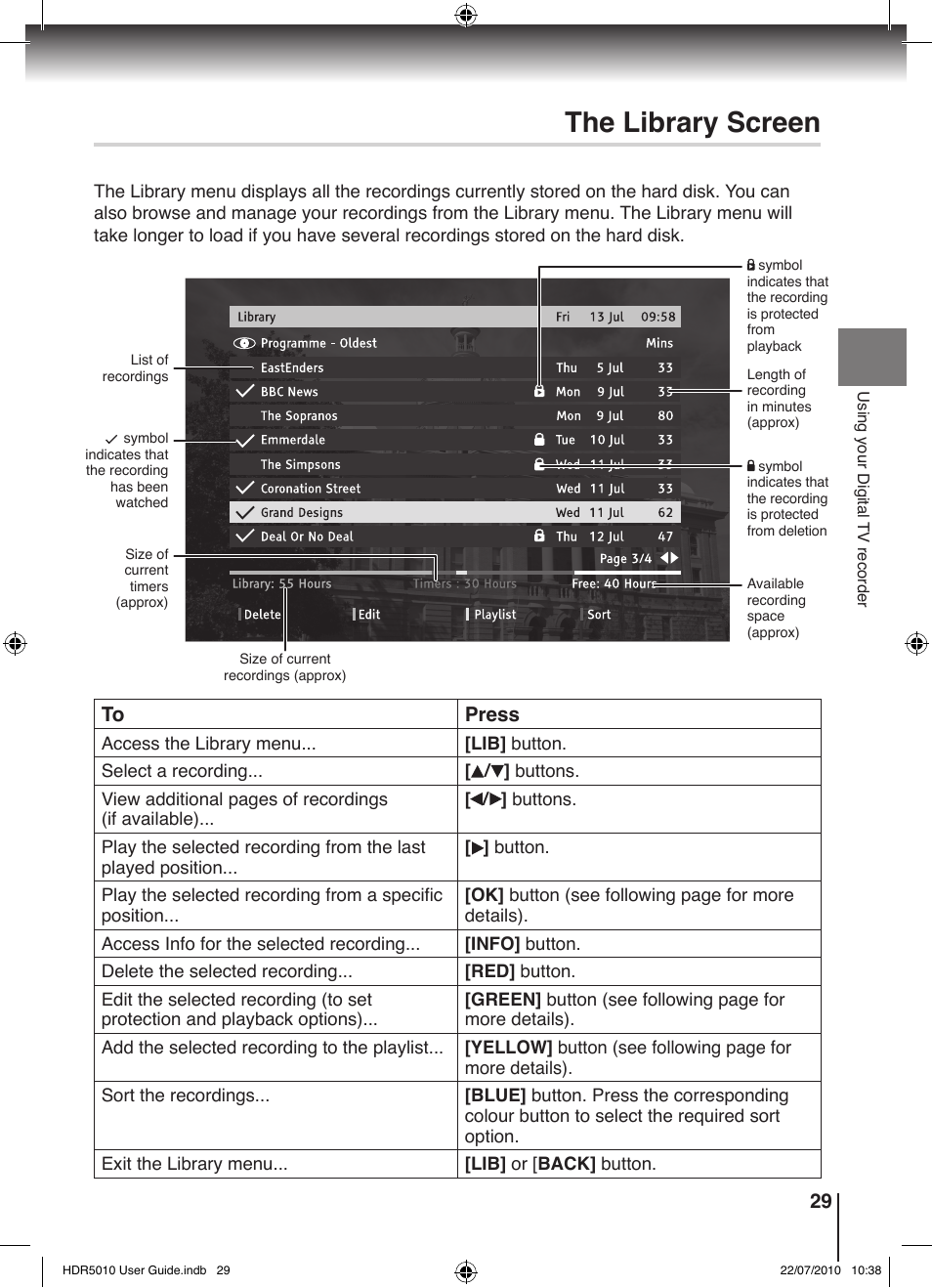 The library screen | Toshiba HDR5010 User Manual | Page 29 / 48