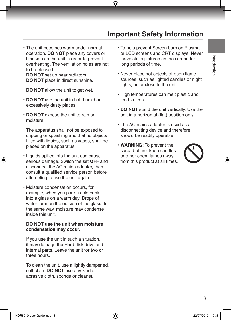 Important safety information | Toshiba HDR5010 User Manual | Page 3 / 48