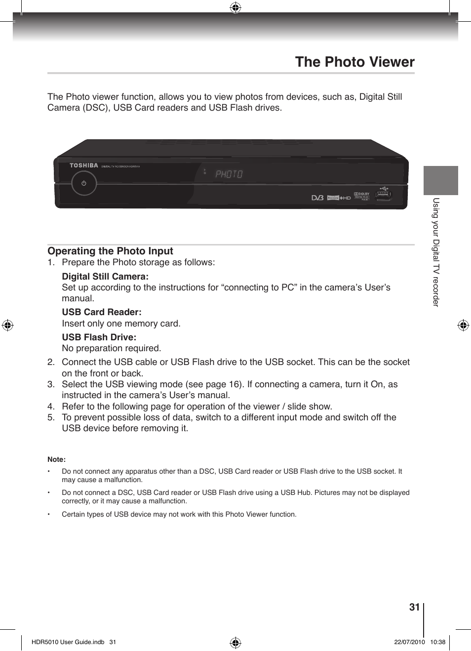 The photo viewer | Toshiba HDR5010 User Manual | Page 31 / 48