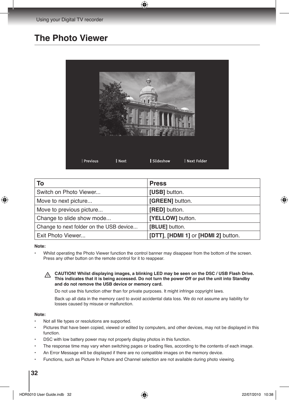 The photo viewer | Toshiba HDR5010 User Manual | Page 32 / 48