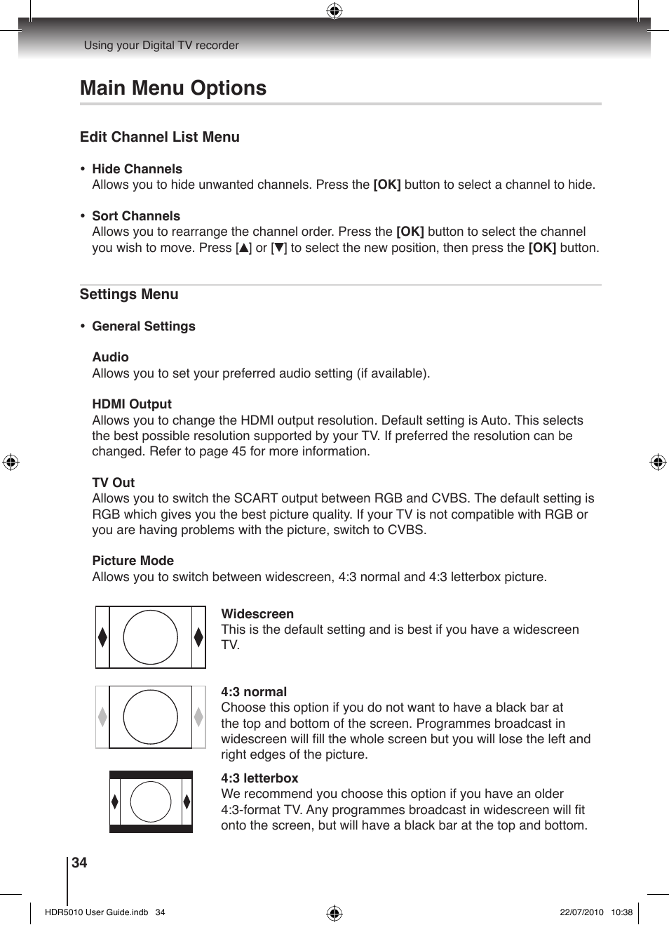 Main menu options | Toshiba HDR5010 User Manual | Page 34 / 48