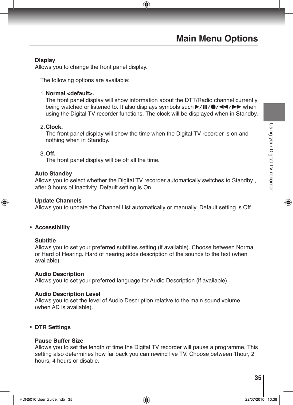 Main menu options | Toshiba HDR5010 User Manual | Page 35 / 48