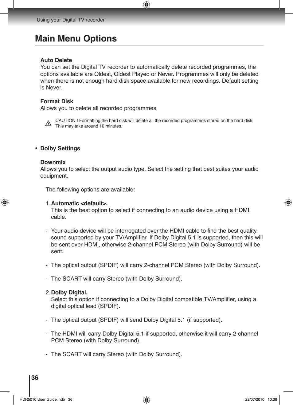 Main menu options | Toshiba HDR5010 User Manual | Page 36 / 48