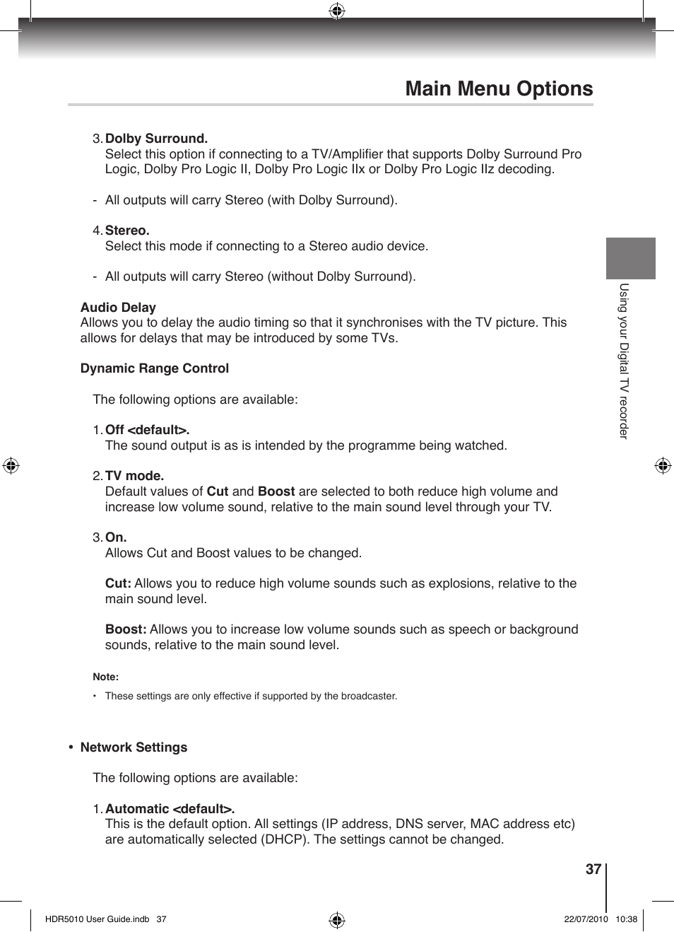 Main menu options | Toshiba HDR5010 User Manual | Page 37 / 48