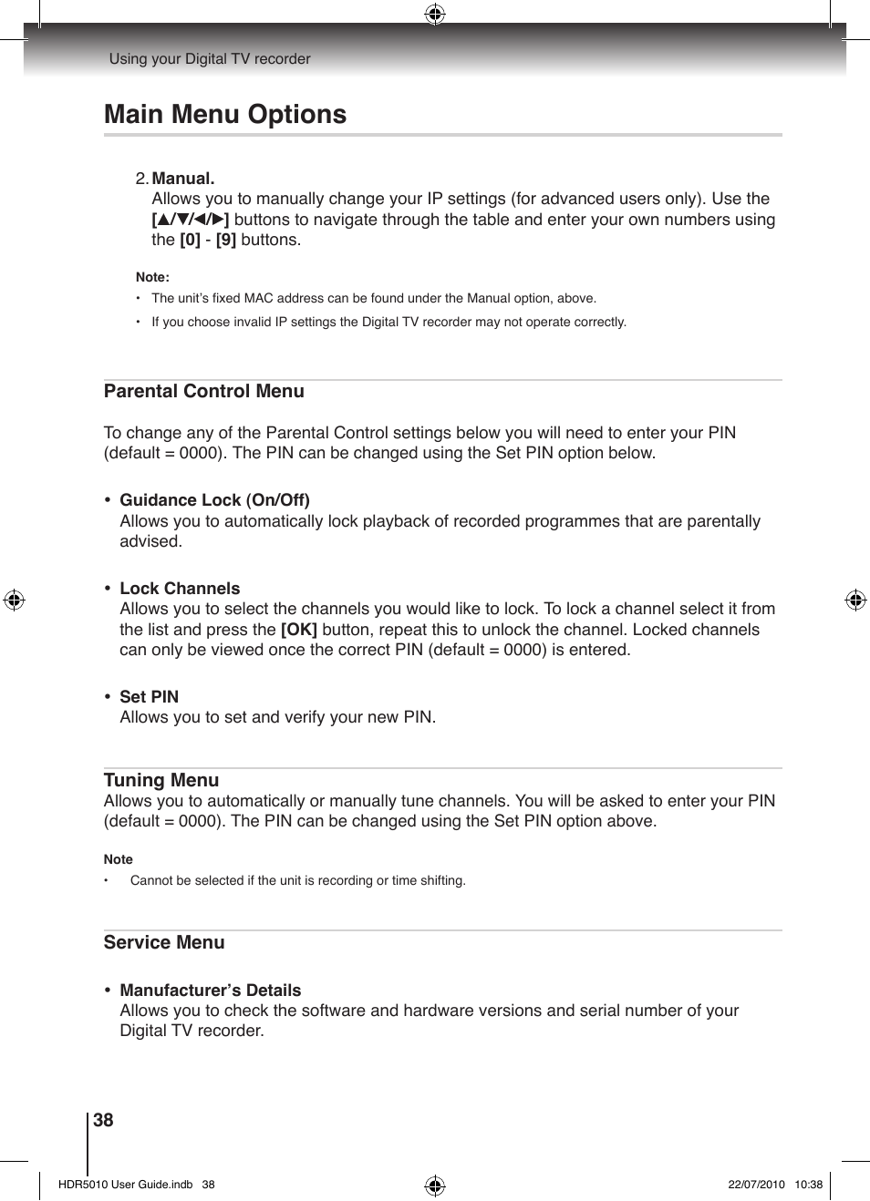 Main menu options | Toshiba HDR5010 User Manual | Page 38 / 48