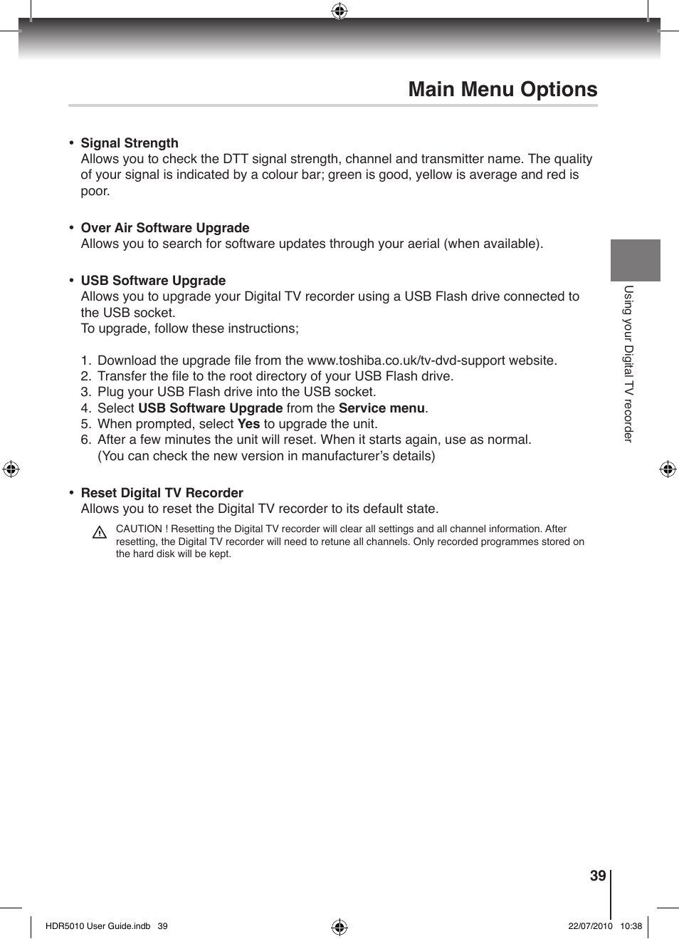 Main menu options | Toshiba HDR5010 User Manual | Page 39 / 48