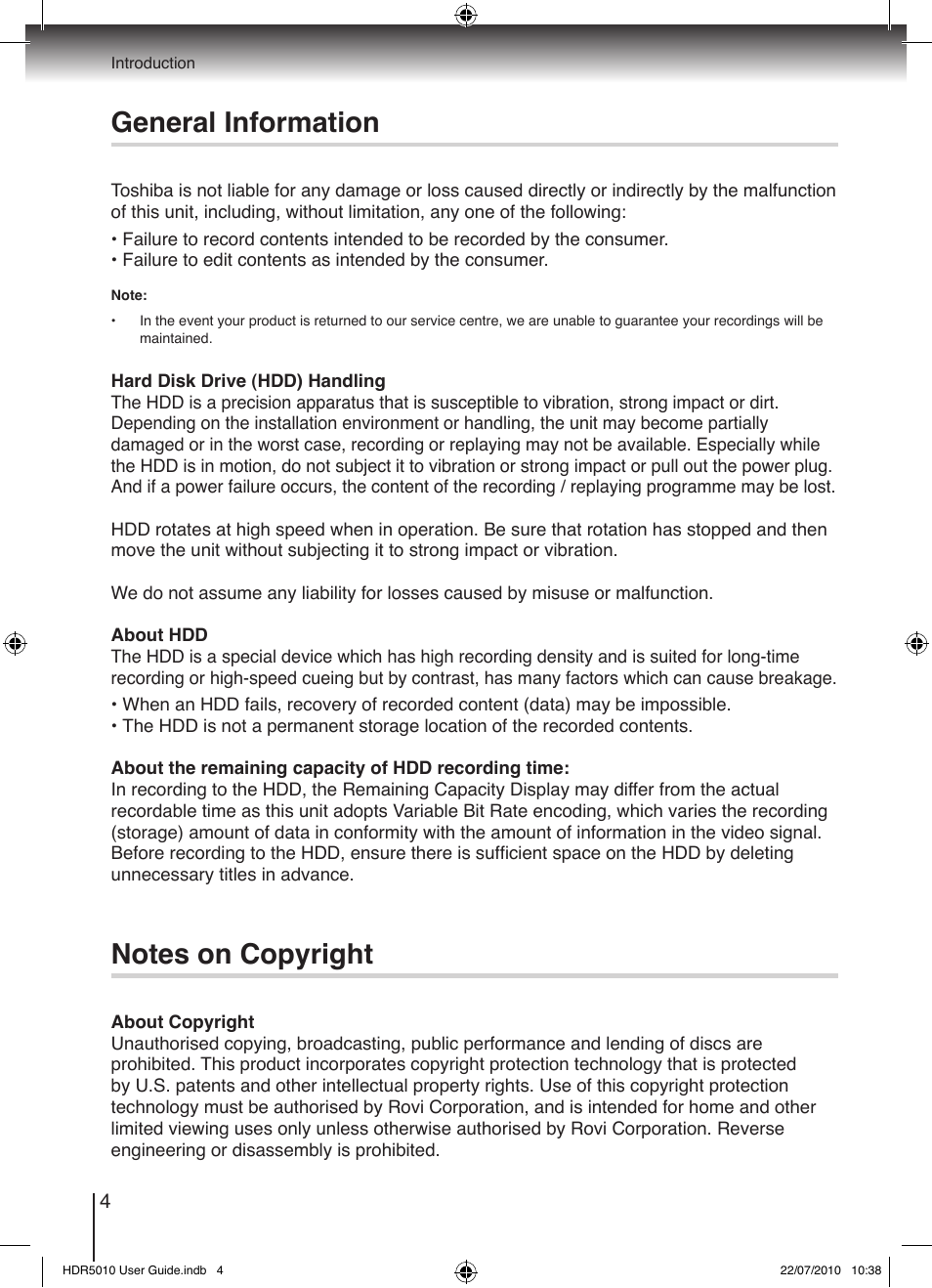 General information | Toshiba HDR5010 User Manual | Page 4 / 48