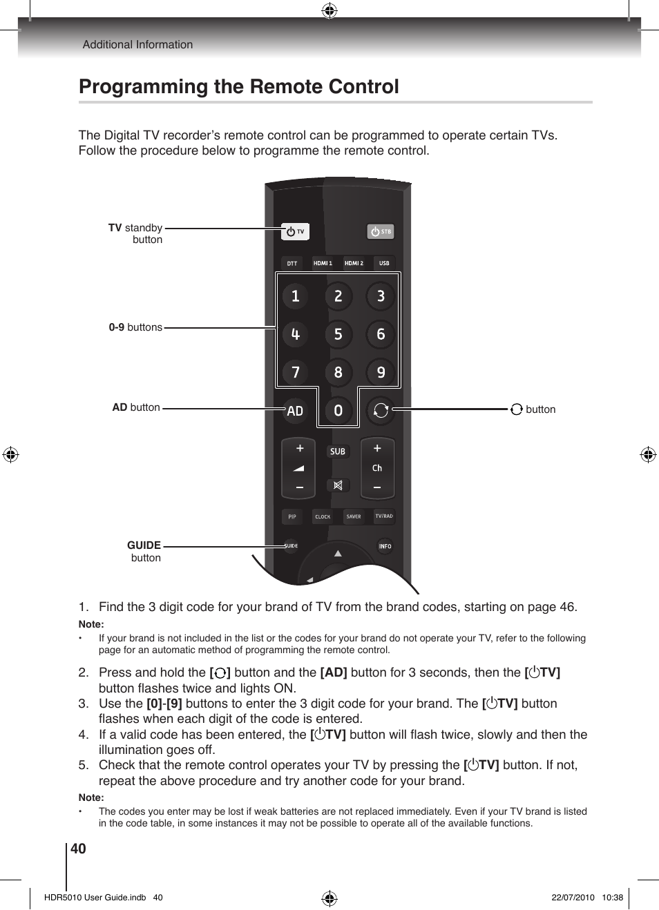 Programming the remote control | Toshiba HDR5010 User Manual | Page 40 / 48