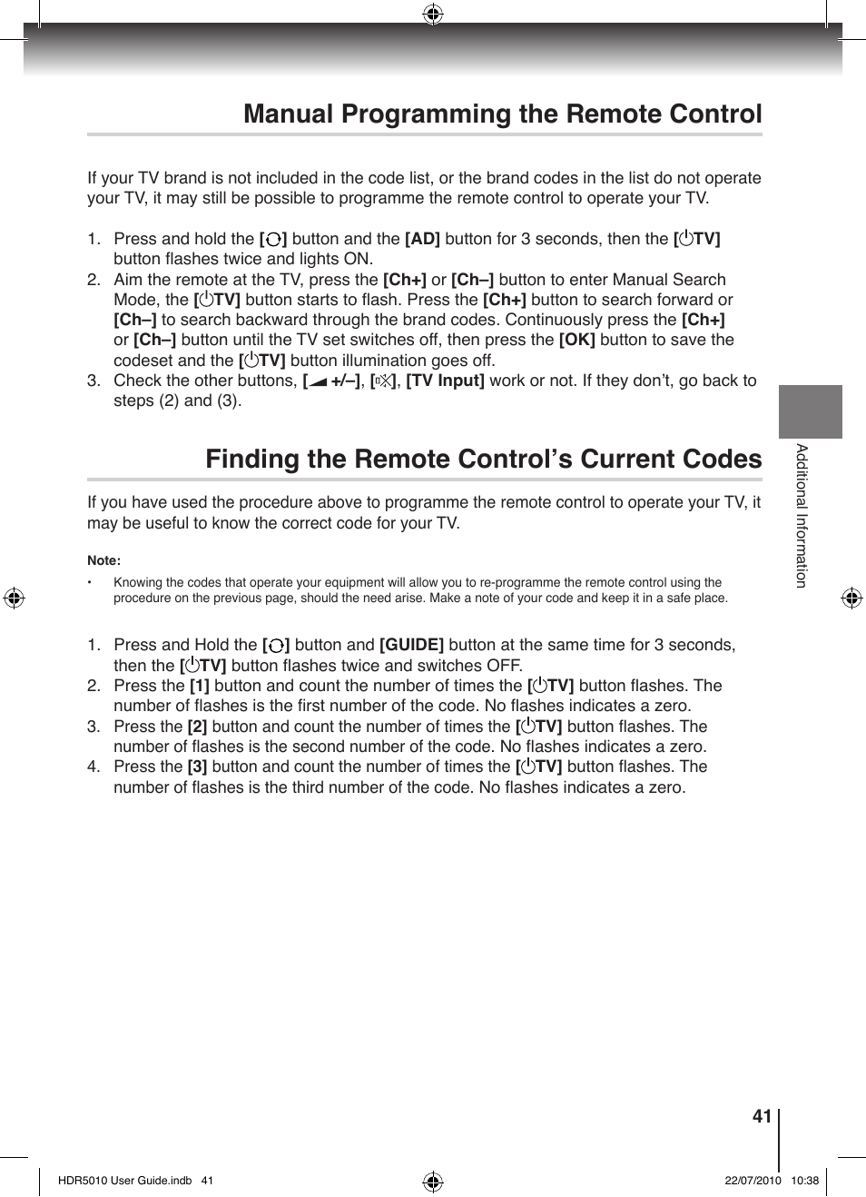 Manual programming the remote control, Finding the remote control’s current codes | Toshiba HDR5010 User Manual | Page 41 / 48