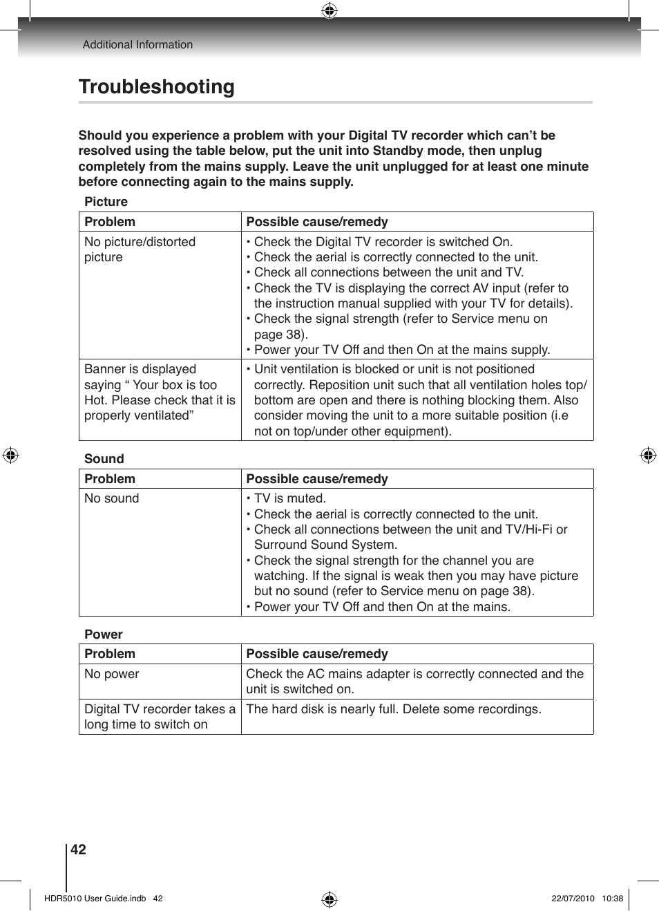 Troubleshooting | Toshiba HDR5010 User Manual | Page 42 / 48