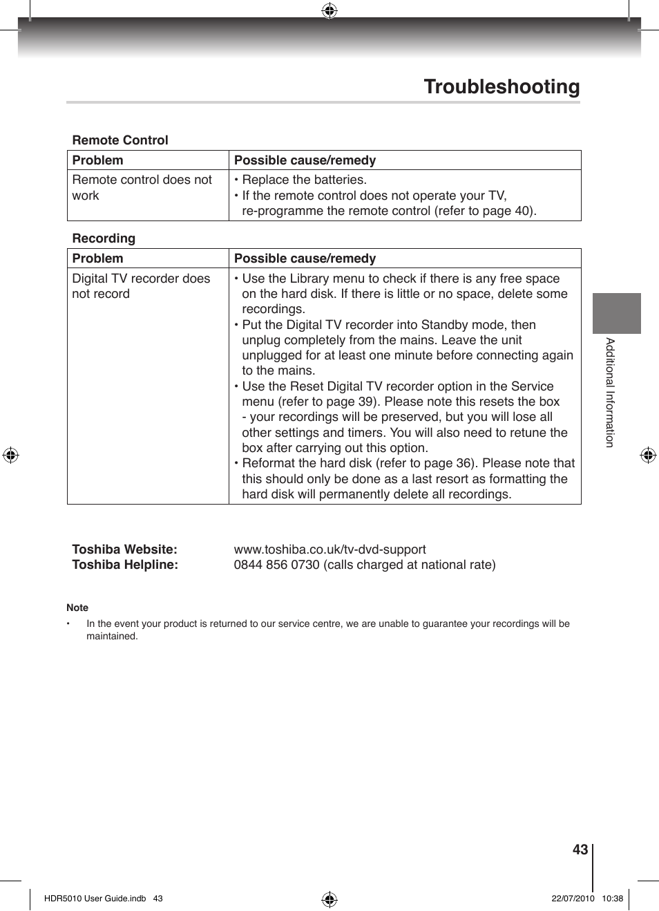 Troubleshooting | Toshiba HDR5010 User Manual | Page 43 / 48