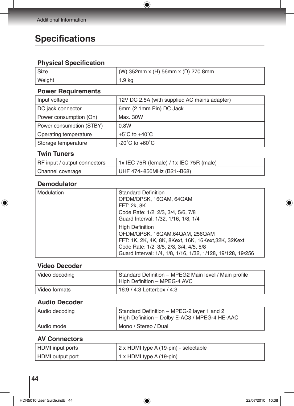 Specifications | Toshiba HDR5010 User Manual | Page 44 / 48