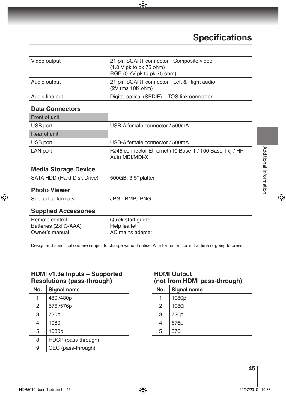 Specifications | Toshiba HDR5010 User Manual | Page 45 / 48